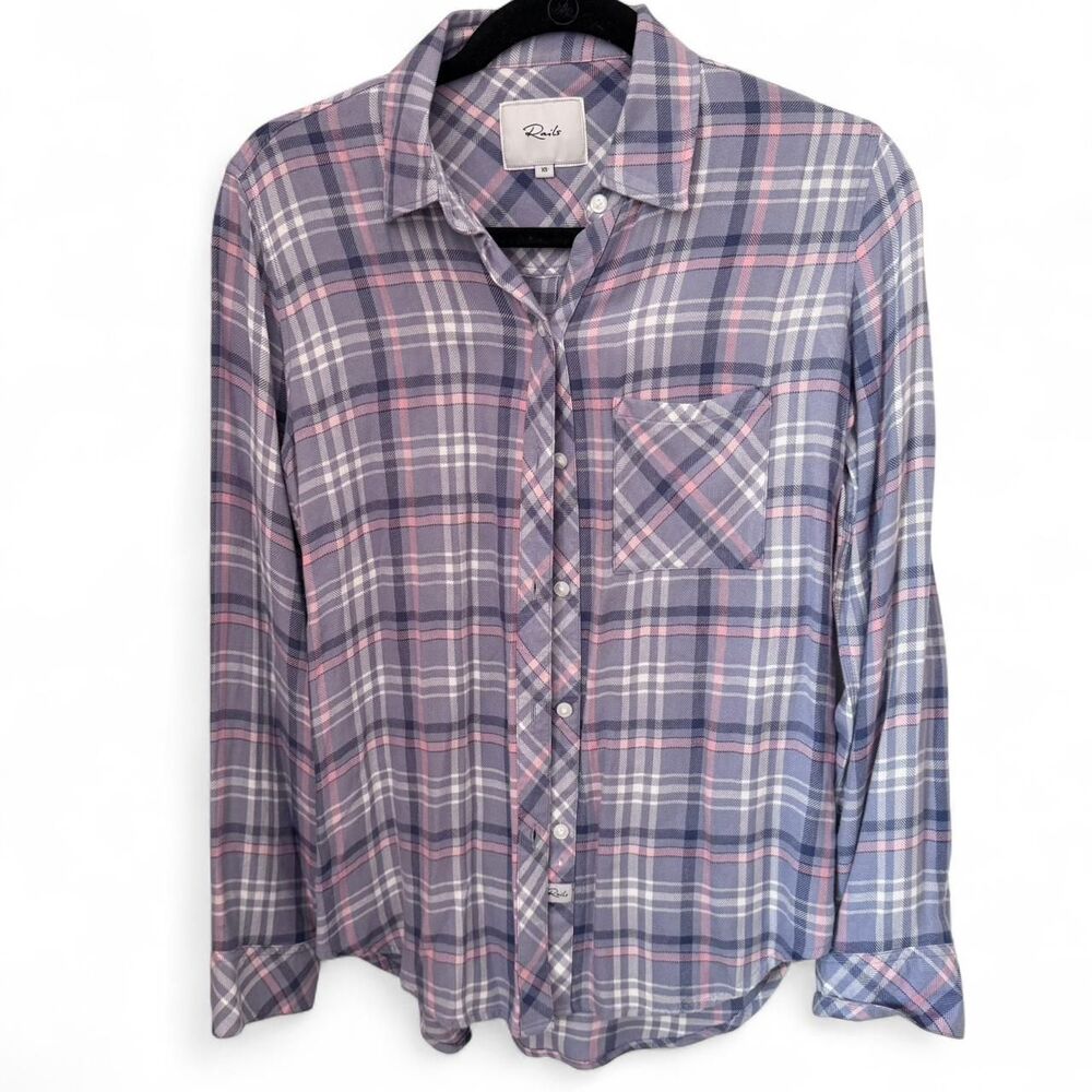 Rails Plaid Button Up Shirt XS Blue Pink White Lightweight Rayon Blouse